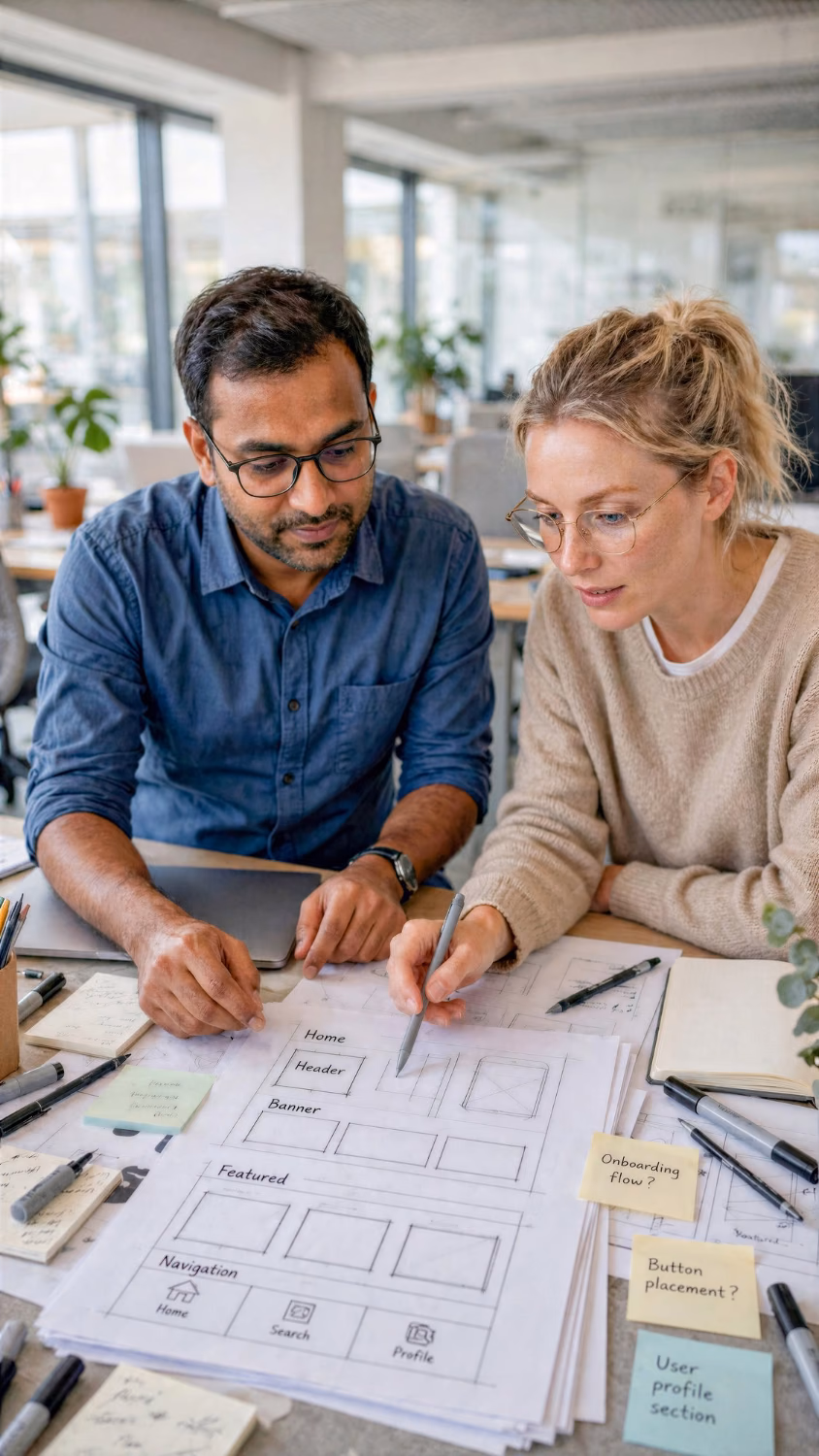 Two people planning together with sketches at a table